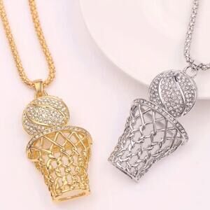 Basketball Necklace Silver Tone with Rhinestones 24” Chain